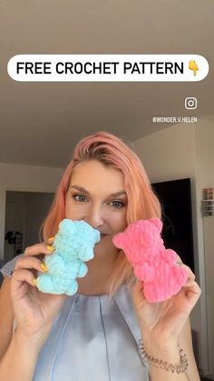 a woman holding up two crochet pieces in front of her face with the caption free crochet pattern