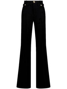 black wool logo-debossed buttons belt loops front button fastening tailored cut long length Designer Fitted Bottoms With Belt Loops, Chic Business Pants With Button Closure, Chic Formal Dress Pants With Button Closure, Chic Formal Wide Leg Pants With Button Closure, Elegant Wool Bottoms With Button Closure, Black Wide-leg Dress Pants, Designer Wide Leg Pants For Formal Occasions, Formal Black Pants With Button Closure, Luxury High Waist Pants