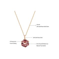 Featured natural pink tourmaline used diamond round brilliant cut make it full of color and trendy. Adapting six prong design ensure firm and solid. 14K rose gold to highlight your elegant and decent.Rose Gold Pink Tourmaline Necklace: 14K rose gold with Au585 stamp and tourmaline: 1pc, 0.608Ct; Chain length 16+2” and pink tourmaline size: diameter 6mm. Luxury Refined Rose Gold Necklace, Luxury Heirloom Rose Gold Necklace, Luxury Faceted Rose Gold Necklaces, Pink Tourmaline Necklace, Dainty Pendant Necklace, Gold Diamond Studs, Dainty Pendant, Rose Gold Pink, Tourmaline Necklace