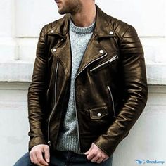 OrcaJump - Stylish Quilted Motorcycle Jacket with Collar: The Ultimate Fashion Statement Casual Long Sleeve Biker Jacket For Outdoor, Casual Leather Jacket For Fall Outdoor, Casual Long Sleeve Biker Jacket For Winter, Casual Brown Leather Jacket With Long Sleeves, Vintage Long Sleeve Biker Jacket For Fall, Brown Biker Jacket For Fall Outdoor, Brown Biker Jacket For Fall Outdoor Activities, Casual Brown Biker Jacket With Pockets, Brown Fall Biker Jacket For Outdoor