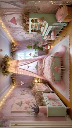 a bedroom with pink walls and flooring, decorated in pastel colors on the ceiling