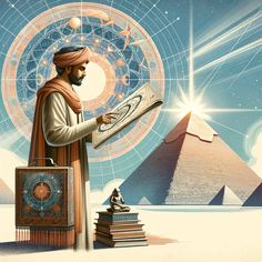 a painting of a man holding a book in front of the pyramids