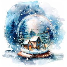 a watercolor painting of a snow globe with a house in it and christmas lights