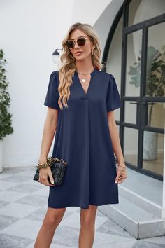 Notched Puff Sleeve Shift Dress BLUE ZONE PLANET Dresses For The Office, Straight Line Dress, Office Dresses Style, Products Photography, Office Outfits Women, Shift Dresses, Costume Intero, Royal Blue Dresses