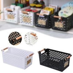 three different types of baskets sitting on top of a white counter next to each other