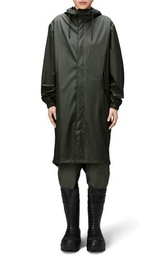 Get complete protection from moisture in this breathable waterproof rain jacket outfitted with a cinchable hem. 40" front length; 45" back length (size Medium) Waterproof 100% polyester Machine wash, dry flat Imported Fishtail Parka, Waterproof Rain Jacket, Jacket Outfits, Parka, Rain Jacket, Nordstrom, Green, Design