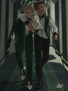 Ominis and Sebastian walk down the hall to the ball in their holiday costumes... Ominis is better lol Slytherin Gang Fanart, Hogwarts Legacy Outfits, Hogwarts Legacy Ominis Gaunt, Ominis Gaunt X Sebastian Sallow Fanart, Ominis Gaunt Fanart Hogwarts