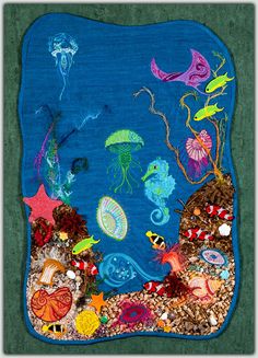 an ocean scene with fish, jellyfish and other marine life on a blue background