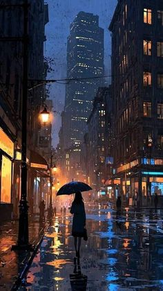 a woman holding an umbrella walking down a rain soaked street in the city at night