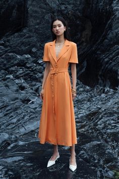 Retti A-line Notch Lapel Crepe Midi Dress A Line Skirt Midi, Lapel Dress, Crepe Midi Dress, Mean Blvd, Pastel Orange, A Line Shorts, Off Shoulder Fashion, Silk Linen, Midi Short Sleeve Dress