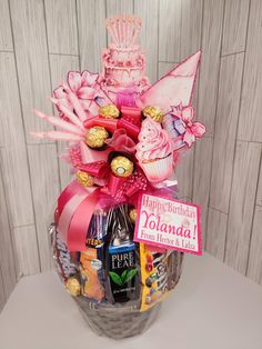 a birthday gift basket with pink and gold items