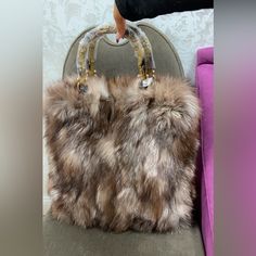 Natural Crystal Fox Mink Tote Bag With Silk Lining Brand New Luxury Light Brown Top Handle Bag, Luxury Light Brown Tote Shoulder Bag, Luxury Light Brown Bag With Double Handle, Luxury Light Brown Bags With Handles, Fox Bag, Beige Handbags, Line Branding, Woven Tote Bag, Weekender Tote Bag