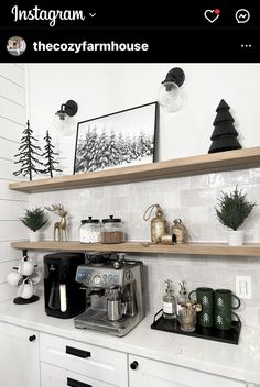 the coffee bar is decorated with black and white decor