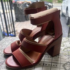 Lucky Brand Womens Lk-Valka Round Toe Stacked Heel Leather Heeled Sandal 7 Brand New In Box Red Leather Sandals With Stacked Heel, Red Open Toe Block Heels With Stacked Heel, Burgundy Leather Open Toe Sandals, Burgundy Ankle Strap Sandals For Summer, Burgundy Ankle Strap Heels For Summer, Burgundy High Heel Summer Heels, Summer Burgundy Ankle Strap Heels, Burgundy Heels With Heel Strap For Summer, Summer Burgundy Heels With Heel Strap