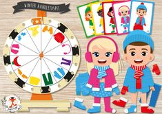 two children are standing in front of a spinning wheel with pictures on it and the words winter is here