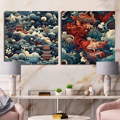 two paintings on the wall in a living room