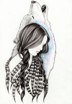 a drawing of a girl with long hair and a wolf's head in the background