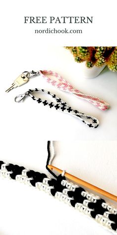 two crochet key fobs and a pencil on a table with the text free pattern