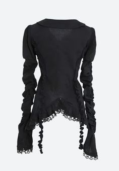 Venture into the shadows with the Goth Asymmetric Ruched Sleeve Blouse. This creation blends the enigmatic allure of goth culture with intricate ruffles, sophisticated button closures, and ethereal lace adornments. Its dramatic flare cuffs and plunging V-neck carve out a niche in any avant-garde wardrobe, perfect for those who court the night in style. Goth aesthetic Ruffled design Button fastening Lace details Flare cuffs V neck Long sleeve Cotton Gothic Black Top With Lace Collar, Gothic Long Sleeve Blouse For Evening, Gothic Halloween Tops With Ruffles, Gothic Ruffled Tops For Halloween, Gothic Blouse For Evening In Fall, Gothic Style Tops With Lace Collar For Party, Gothic Tops With Lace Trim For Fall, Gothic Party Tops With Lace Collar, Gothic Party Top With Lace Collar