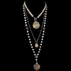 Moonglow Lujan Sword of Seven Sorrows Rosary Silver Freshwater Pearl N - Whispering Cowgirl Beautiful Rosaries, St Michael Necklace, Heart Cross Necklace, Lourdes France, Jewelry Design Studio, Peacock Pearls, 2000s Clothes, Silver Pearl Necklace, Bead Ideas