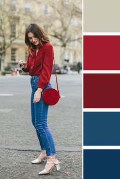 Red Pop Of Color Outfit, Red Palette Colour Schemes, Red Color Combinations Outfits, Red Tshirt Outfit, Red Color Outfits, Casual Tshirt Outfit, Deep Autumn Color Palette, Fall Color Schemes, Red Color Combinations