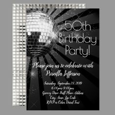 an elegant black and white disco ball birthday party personalized announcement card with the words,'50th class reunion please you as we celebrate