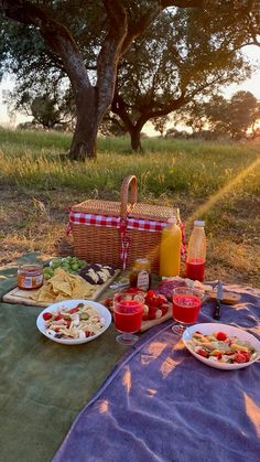 a picnic table with food and drinks on it in the shade of a large tree