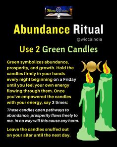 two green candles with the text abundance ritual use 2 green candles