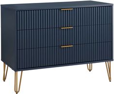 a blue dresser with gold handles and two drawers