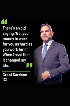 a man in a suit and tie standing next to a quote from grant cardone