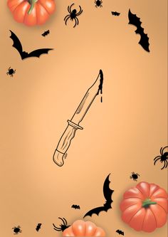 a halloween scene with bats, pumpkins and a knife