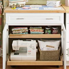 the sewing room is organized and ready to be used