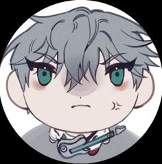 an anime character with grey hair and blue eyes