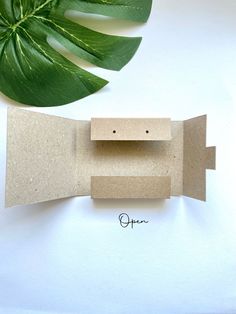 an open cardboard box sitting on top of a table next to a green leafy plant