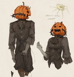 two people in costumes with pumpkins on their heads