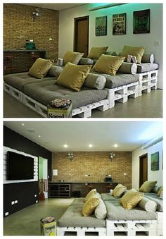 two pictures of a living room with couches made out of pallets and pillows