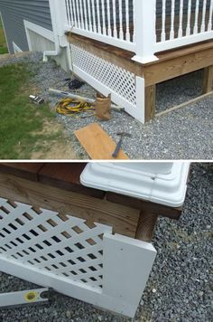 before and after shots of a porch with white railings, wood steps and trellis