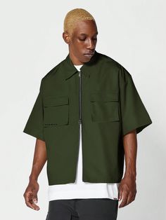 Verde militar Casual,Calle Collar manga corta Tela tricotada Liso,Frase Camisa Embellished No-Elástico Vintage Wash Jeans, Slogan Shirts, Green Shorts, Patch Pocket, Army Green, Woven Fabric, Clothing Brand, Nice Dresses, Mens Shirts