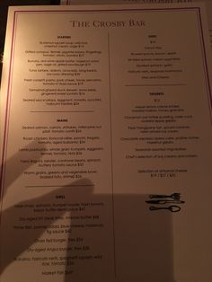 a menu for the crossby bar with scissors on it