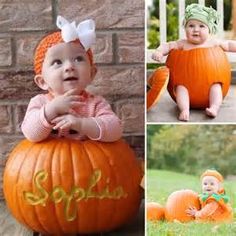 a baby sitting on top of a pumpkin with the word splish written on it