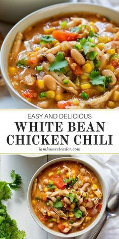 two bowls of white bean chicken chili with cilantro and parsley on the side