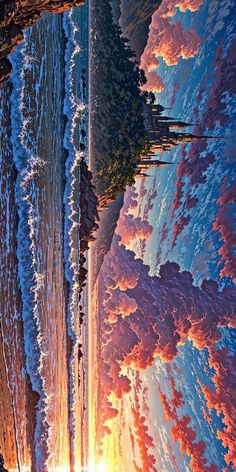 an image of the ocean with trees in it and sunset reflecting on the water's surface