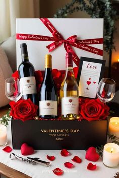 valentine's day wine gift box with roses and two bottles of wine in it