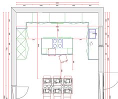 the floor plan for a kitchen with an island and dining room in the center,