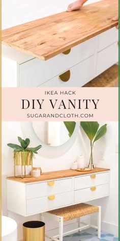 an ikea hack diy vanity in white and gold with text overlay that reads ikea hack diy vanity