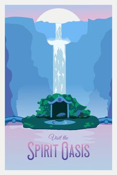 a poster with the words spirit oasis in front of a waterfall