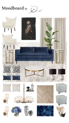 mood board with blue and white furniture