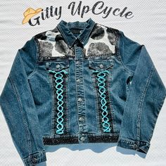 Custom Upcycled Denim Jacket - Cow Print, Sequin Fringe & Sequin Dtrin (Comes With Or Without The Fringe) With Teal Braided Leather Accents. All My Upcycled Jacket Designs Are Handmade One Of A Kind No Two Are The Same. This Jacket Does Have Pockets! Fitted Denim Jacket For Rodeo, Spring Rodeo Dark Wash Denim Jacket, Upcycled Jackets, Jacket Designs, Upcycled Denim Jacket, Upcycled Denim, Leather Accents, Jacket Design, Braided Leather