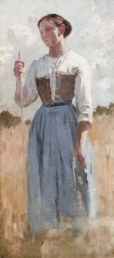 a painting of a woman in a blue dress holding an umbrella and walking through a field