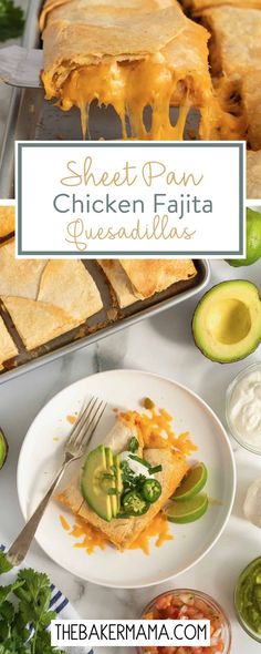 an image of chicken fajita quesadillas with avocado and sour cream